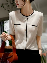 Black White Tee Shirt Femme Button Knitted T Shirt Women Tshirt Short Sleeve Top 2024 Summer Korean Style Clothes Camiseta Mujer