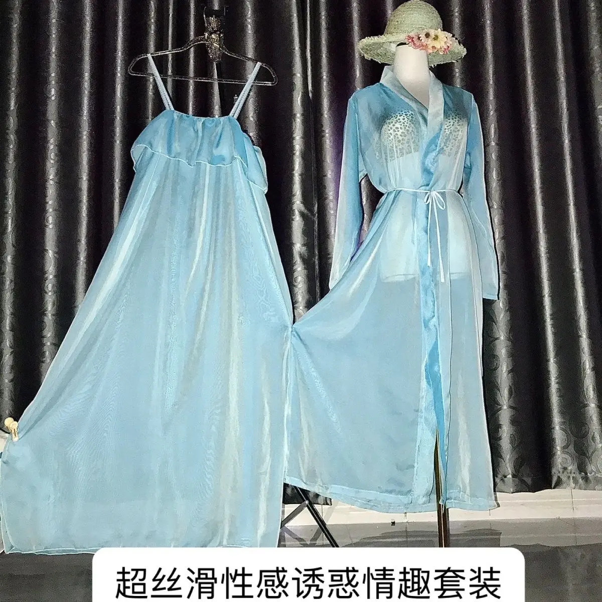 

Сексуальный прозрачный синий шелковый комплект для сна: ночная сорочка на бретельках с принтом, платье на бретельках с рюшами, халат, пояс, шелковистая ночная рубашка больших размеров