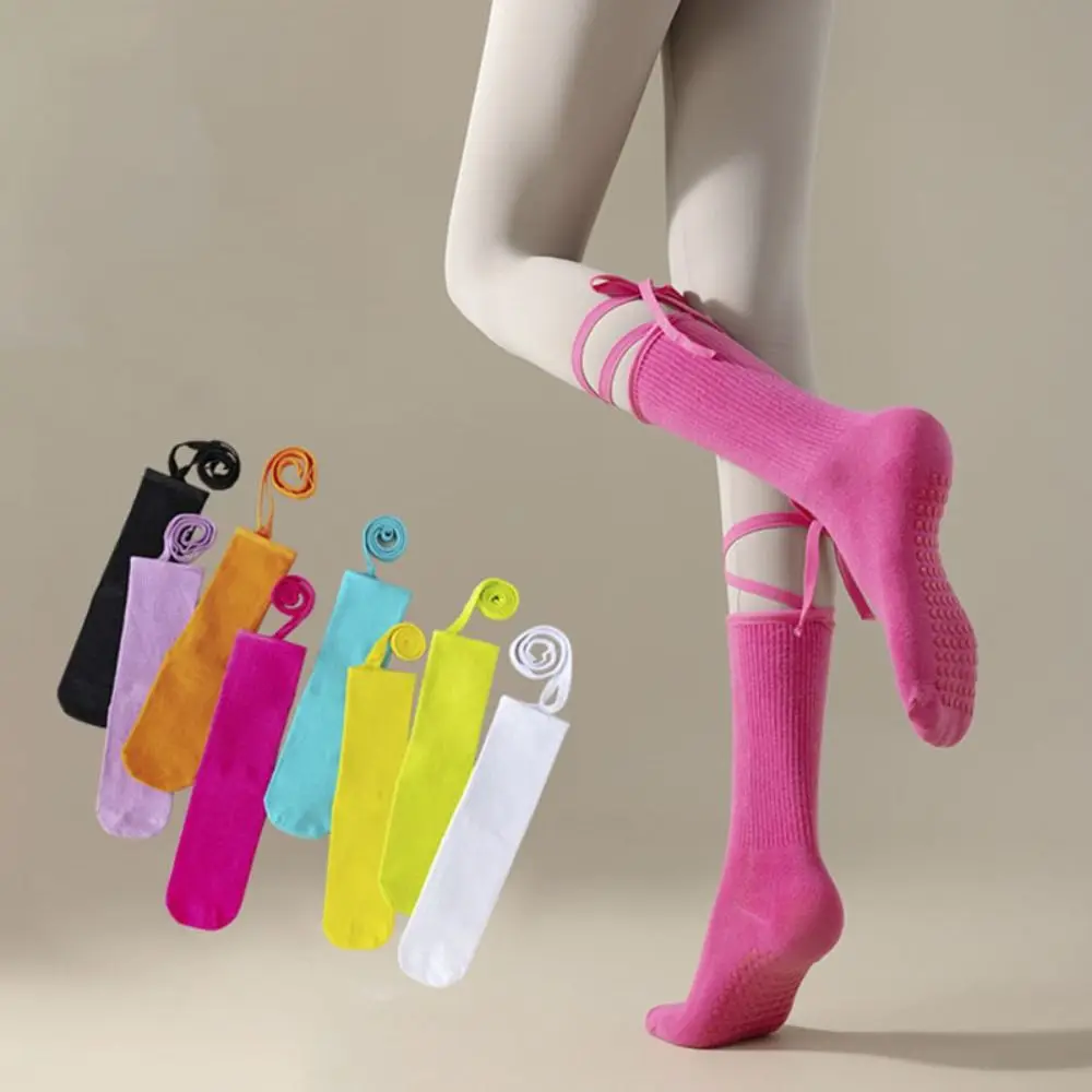 

Silicone Dots Lace-up Yoga Socks Mid-calf Cotton Pilates Socks Women Anti Slip Breathable Mid Length Socks Barre Workout