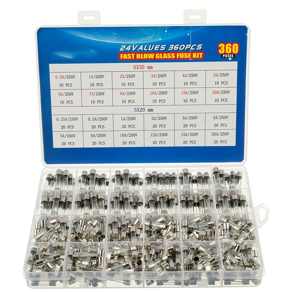 24 قيم 360 قطعة مجموعة متنوعة من الصمامات الزجاجية سريعة النفخ 5x20 مللي متر 250 فولت 0.25-20A 6x30 مللي متر 0.5-20A أمبير حزمة في صندوق بلاستيكي شفاف #2