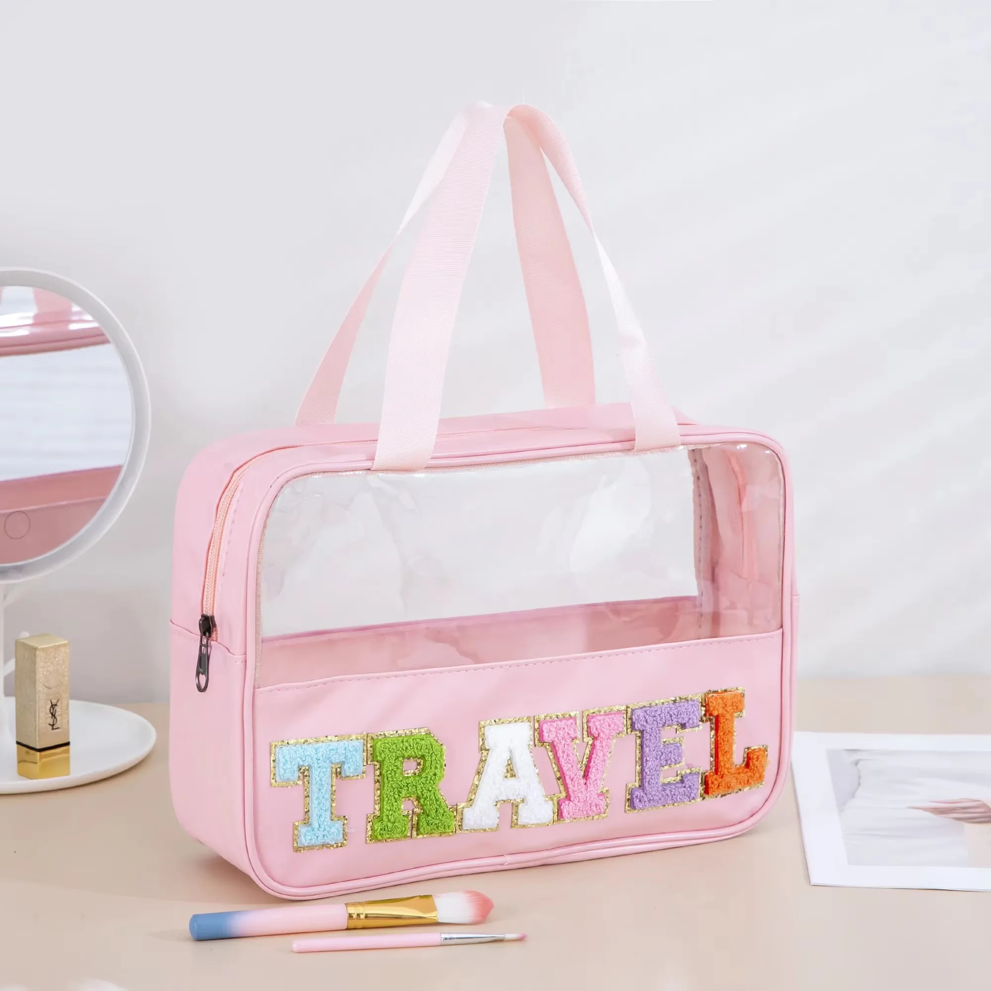 Preppy Clear TRAVEL Makeup Bags with Chenille Letter STUFF Patches Large Clear Make up Bag Zipper Pouch with Handle