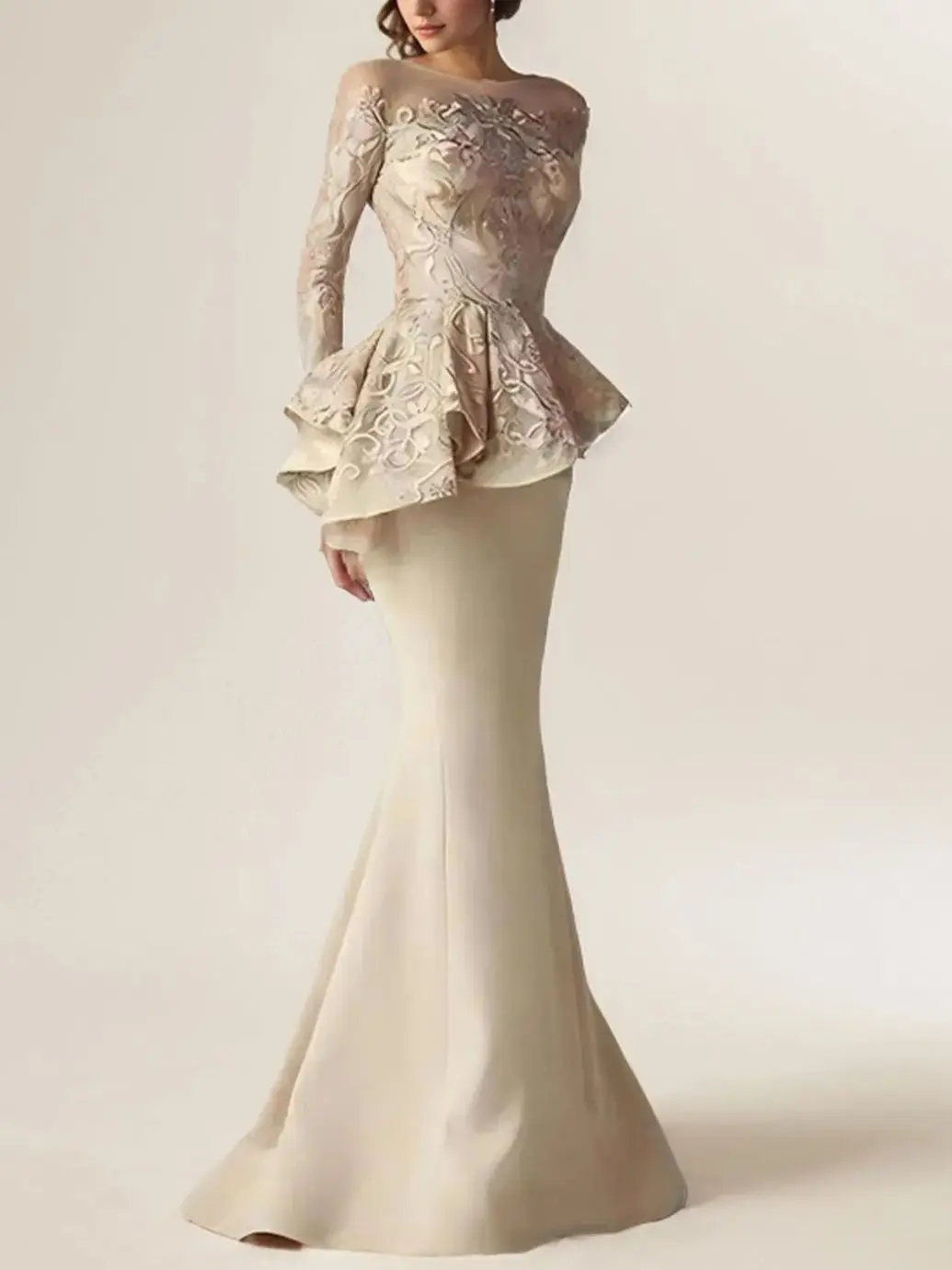 

Elegant Mermaid Evening Gown Long Sleeve Lace Appliques Ruffle Scoop Neck Floor Length Stretch Fabric Dress 2025 Free Customized