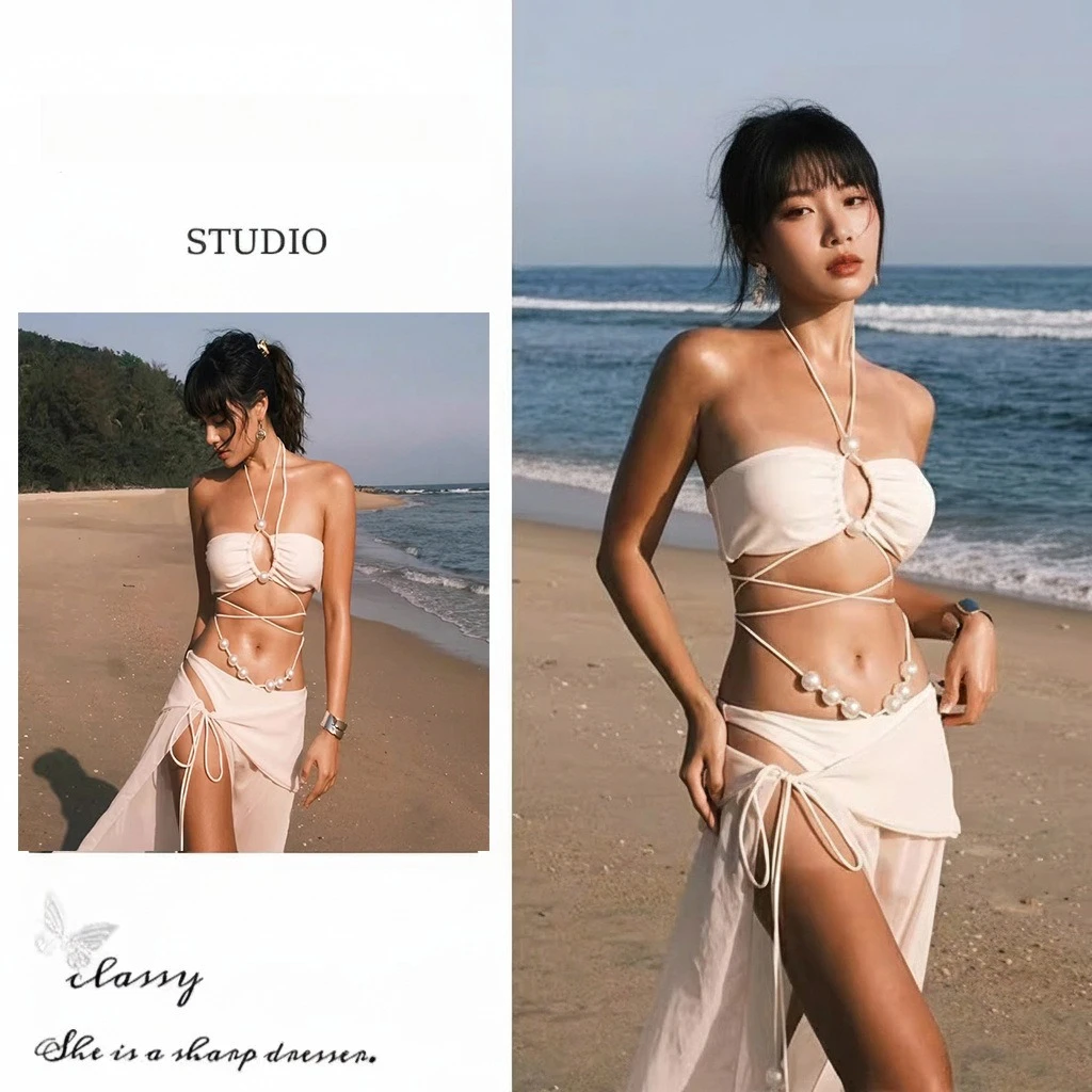 2026 Neuer Damen Perlen-Halter-Bikini mit Hohlmuster und Kreuzriemen, hochgeschlitztem Rock, sexy, schmal geschnitten, für Strand, Pool, Urlaub, Bademode, modischer Anzug – Detail 2