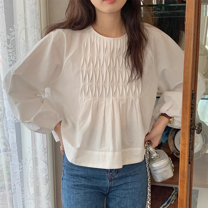 O-neck Folds Long Sleeve Blouse Shirts Women Simple Elegant Solid Loose Casual Top 2024 New Spring Korean All-match Camisas