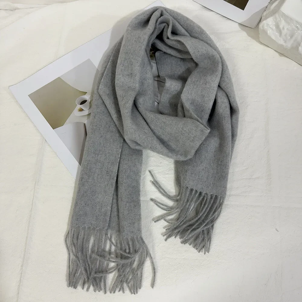 2024 Winter New 100% Wool Women's Scarf Solid Color Long Thick Warm Couple's Scarf Versatile Soft Sticky Cream White Outer shawl