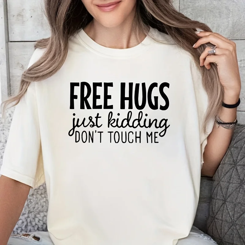 Free Hugs Print T-Shirt Summer Women Tracksuit O-Neck Short Sleeve Pullover Breathable Sportswear Harajuku Fashion Streetwear