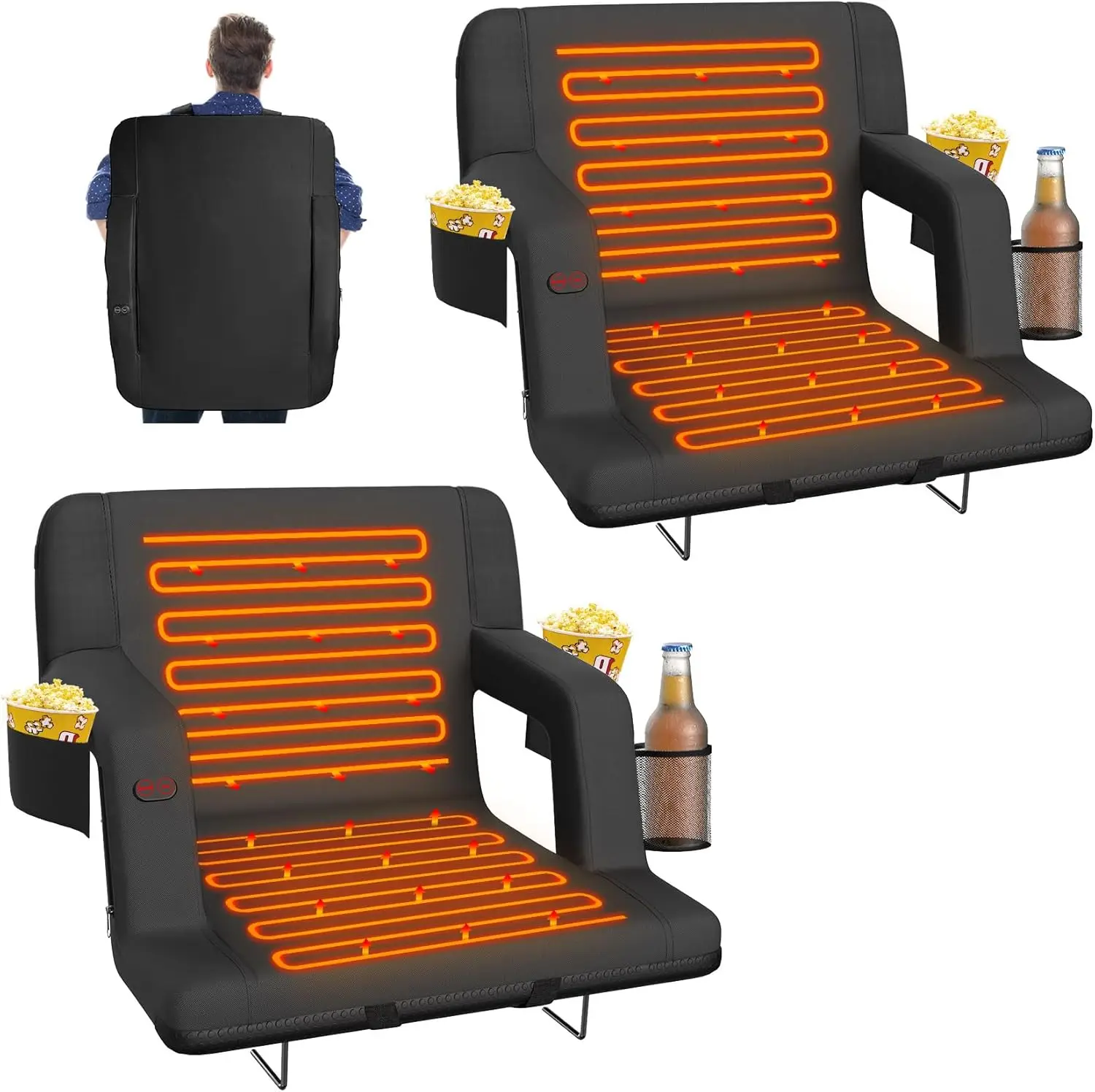 Suteck Dual-Sided Heated Stadium Seats For Bleachers With Back Support, Portable Heated Bleacher Seat With Backrest, 3 Heat