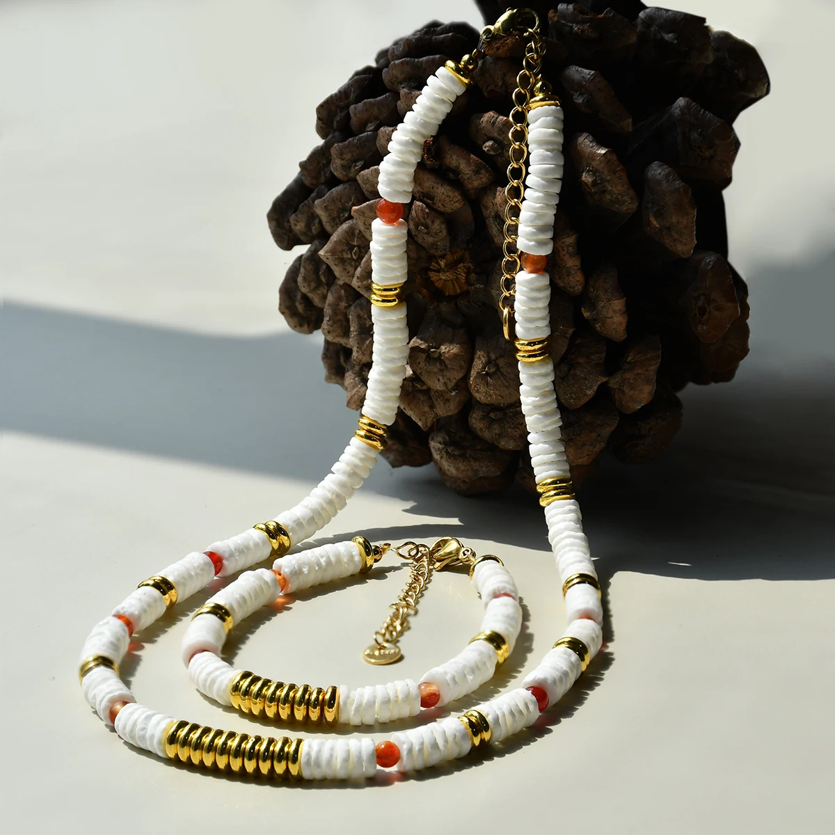 Natural Stone Red Agate 6mm White Shell Necklace Bracelet Set Boho Women\'s Fresh And Simple Jewelry Accessories