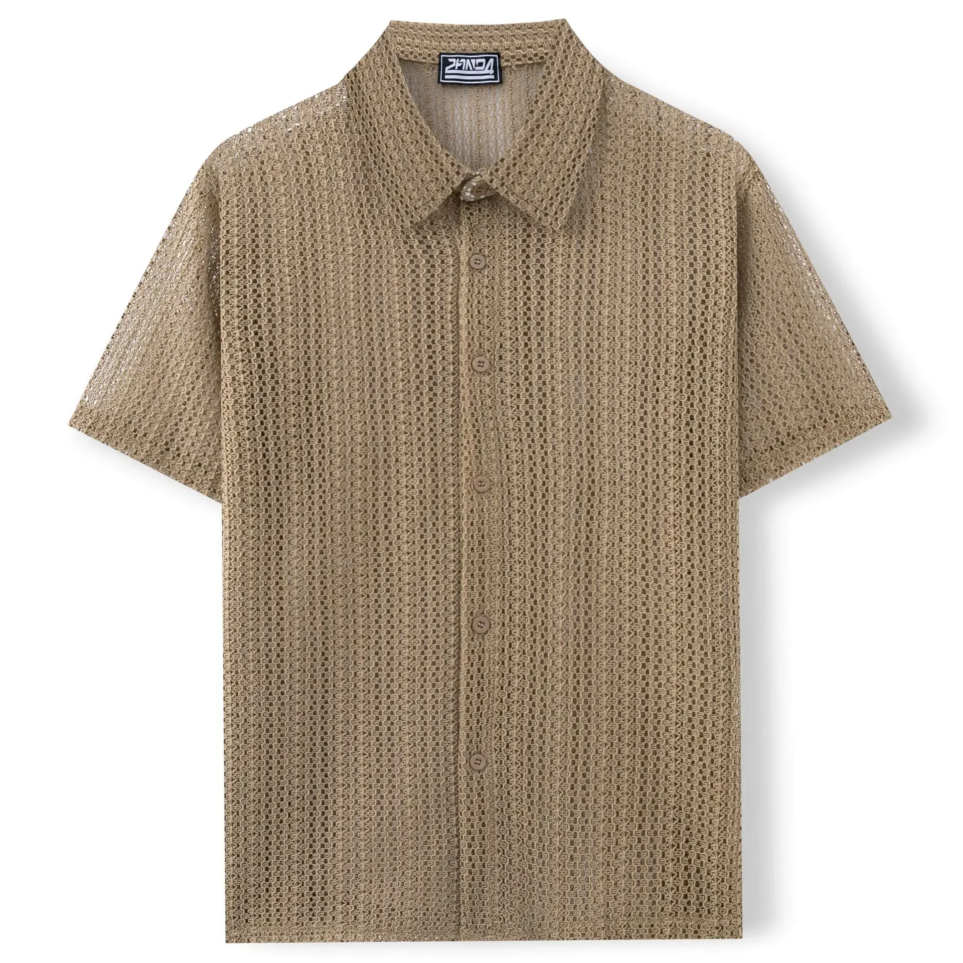 Pop Summer New Fashion Men’s Solid Color Knitted Breathable Short Sleeve Turn-down Collar Shirts Hollowed Out Casual Trendy Shir
