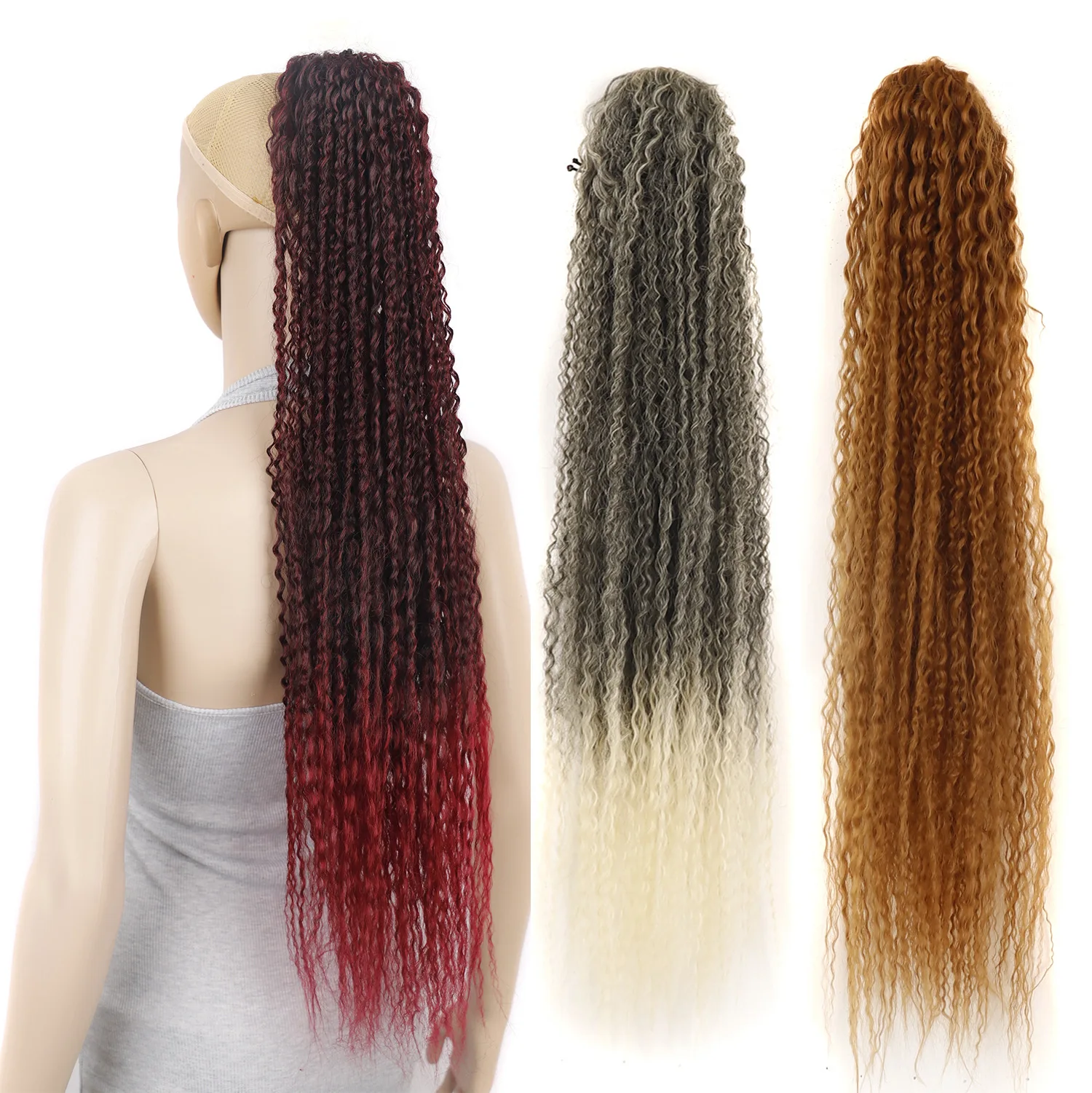 Jeedou 80 cm langes lockiges Haar mit Kordelzug, Pferdeschwanz-Verlängerung, braun, Ombre, synthetisches Damen-Haar-Accessoire