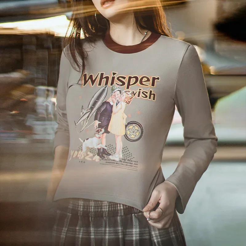 

Maden Vintage Red Patchwork Round-Neck Printed T-Shirt Slim Fit Long-Sleeved Tees Women's All-Match Top for Spring and Autumn