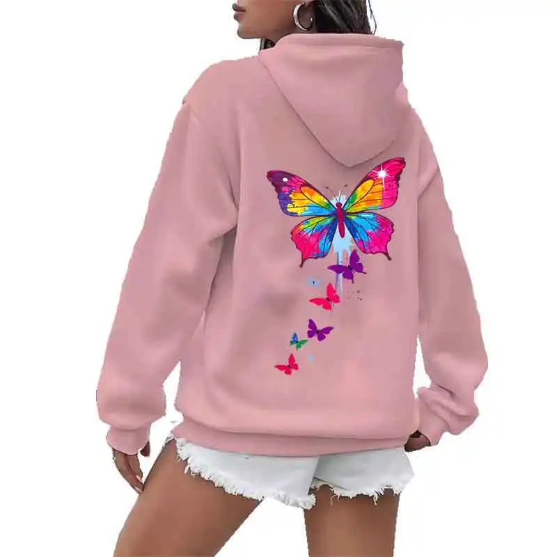 الملونة فراشة طباعة المرأة هوديي ربيع الخريف الشارع عارضة أزياء الكتف الأكمام أعلى تنوعا الاتجاه Y2K الملابس