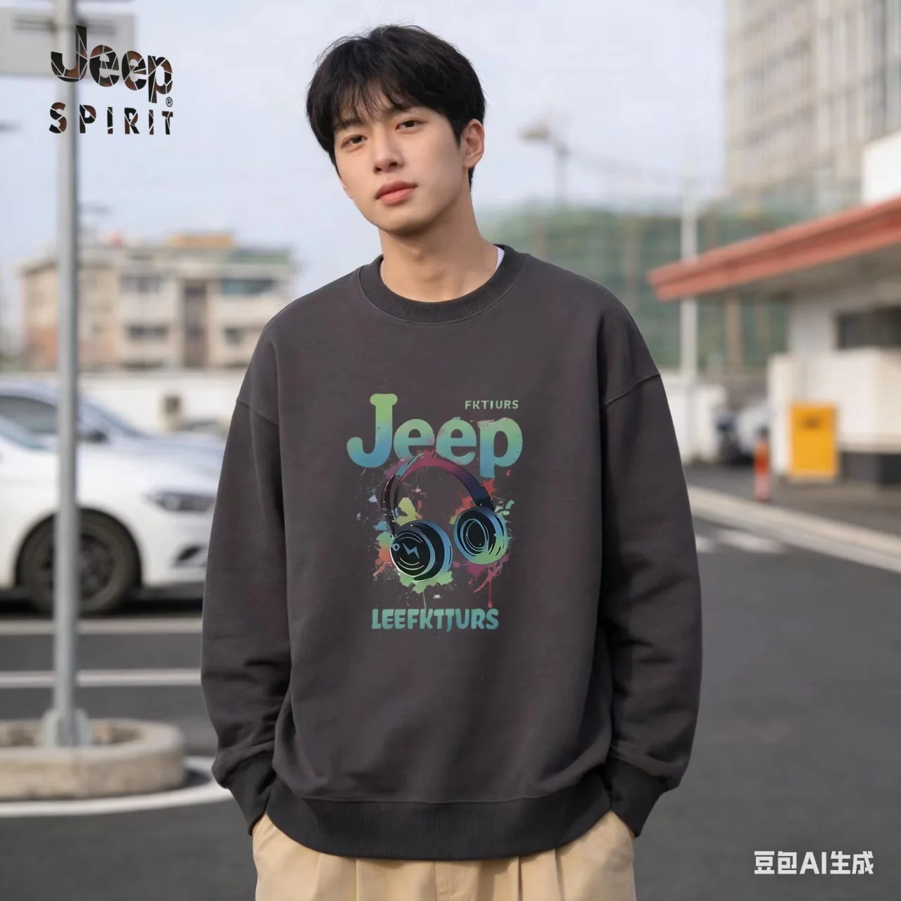 Jeep Men's Popular Casual Thickened Sweatshirt, Loose Oversized Fit, Men's Round Neck Long Sleeve Top