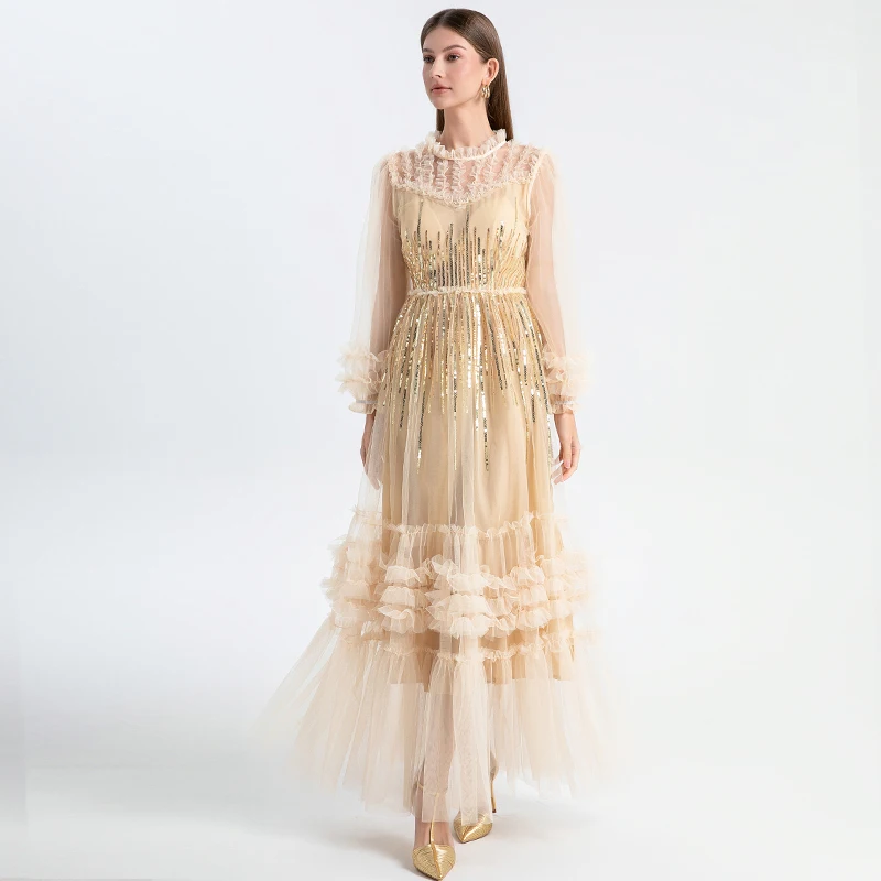 Ele High-Waisted Long Dr with Embroidered Sequin Net Patchwork And Princ Sves for Women in Their 30s