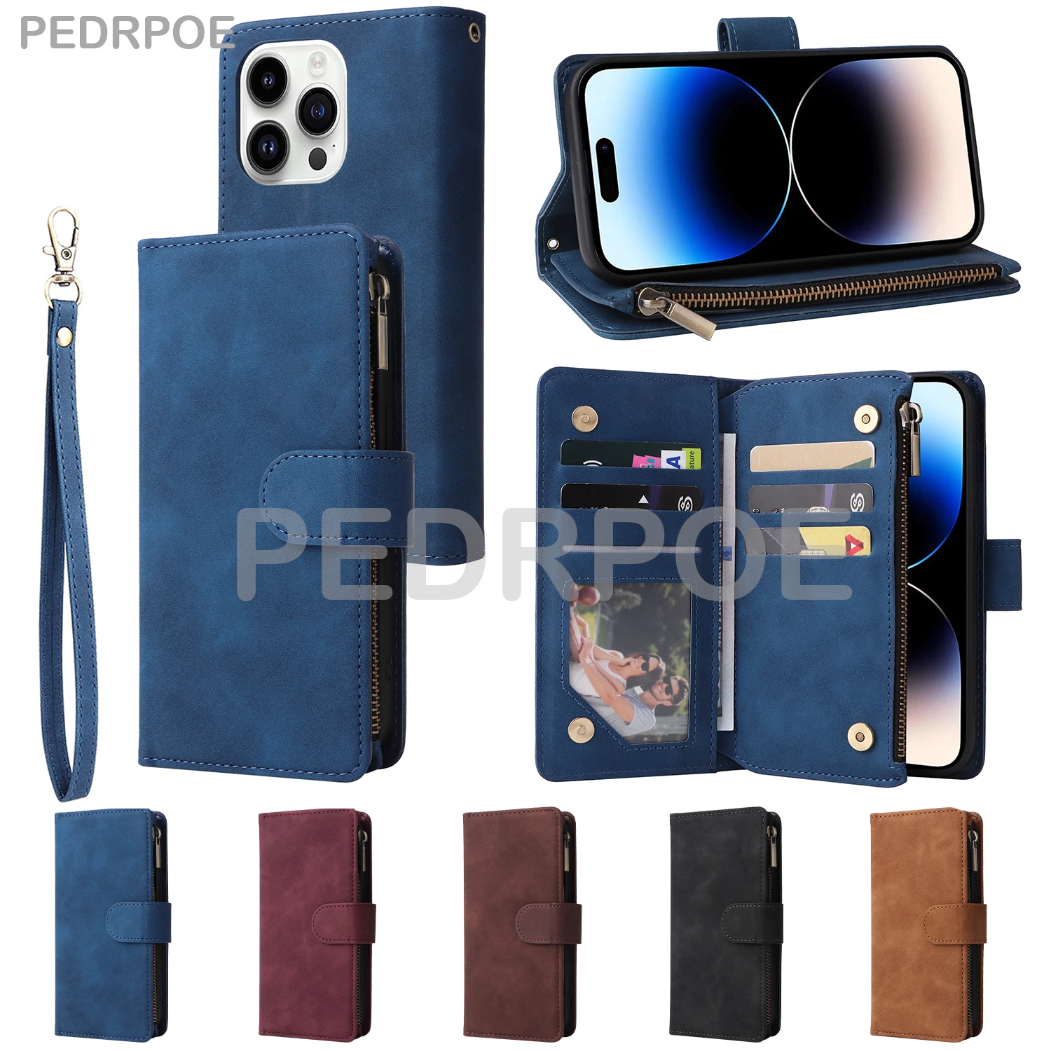 

Luxury Flip Leather Case For iPhone 14 Pro Max 13Pro 11 12 Mini XR XS X 6 7 8 Plus Hand Held Rope Wallet Card pack Protect Cover