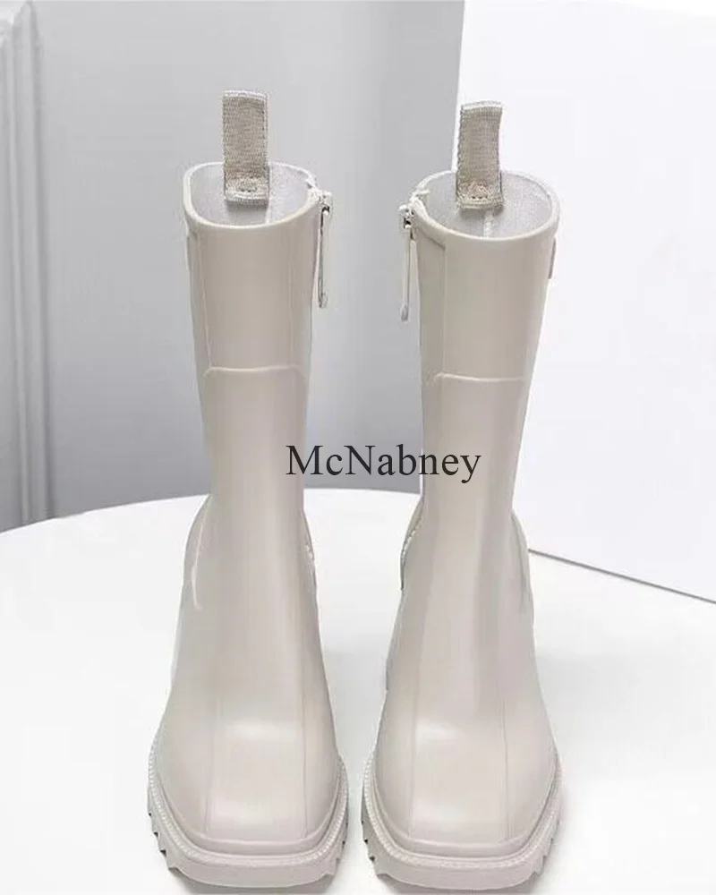 Trendy And Versatile Women Mid-Calf Rain Boots Square Toe Chunky Middle Heel Environmental Protection PVC Zipper Design