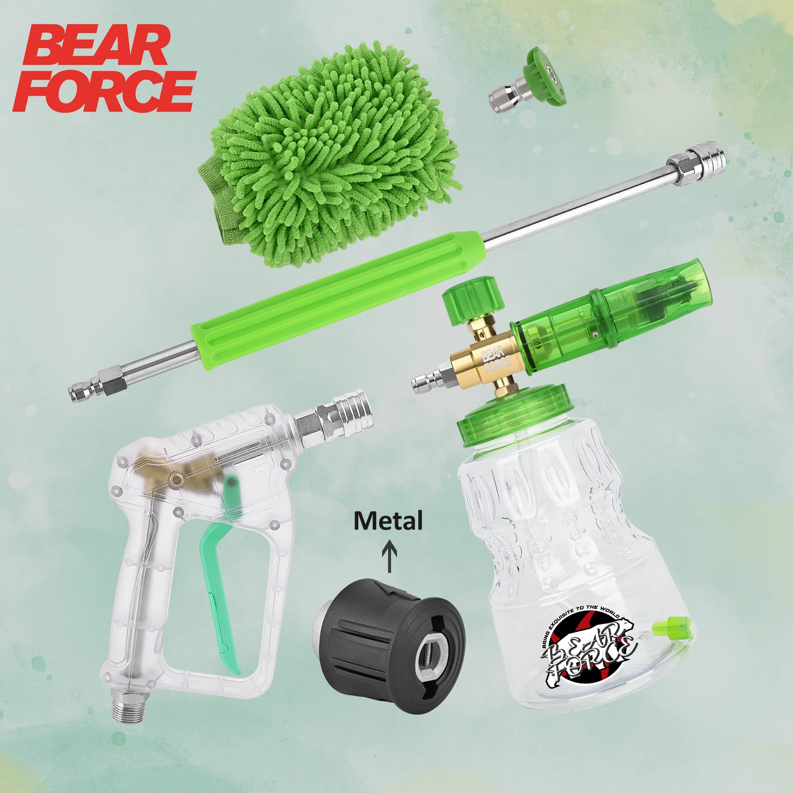 Bear Force Car Wash Pressure Washer Water Gun & Extension Wand & Foam Cannon & Car washing Gloves & Green Nozzle#035