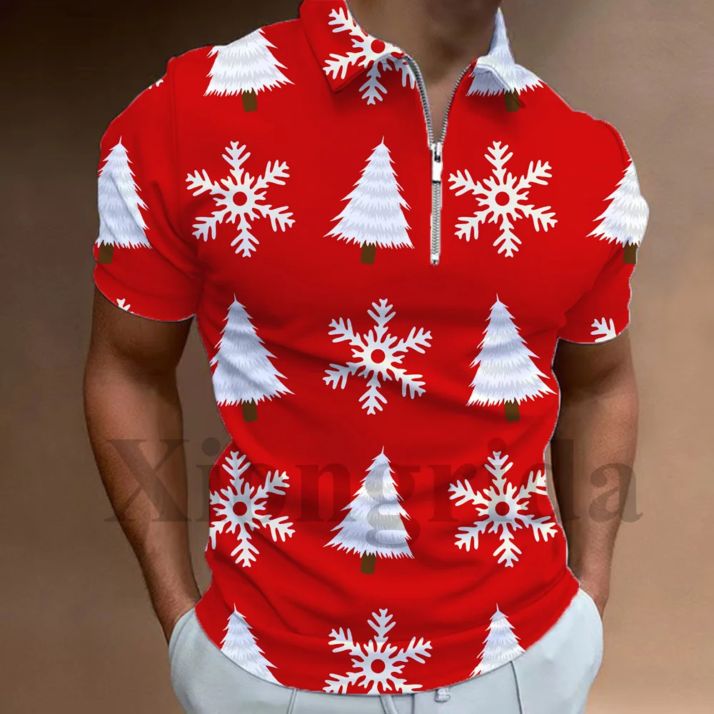 Christmas Pattern 3D Printed Polo Shirts Mens Casual Holiday Xmas Trees Snowman Pattern Print Short Sleeve Zip Lapel Polo Shirts