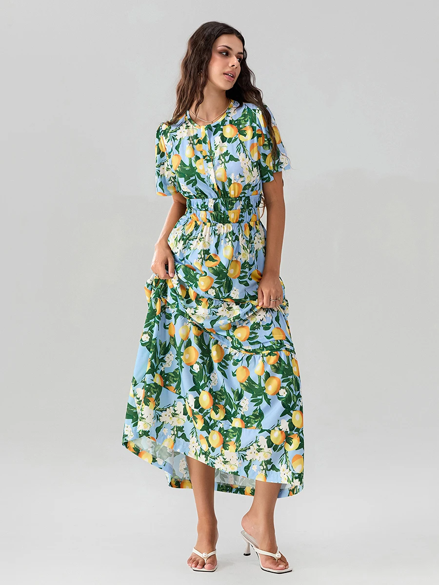 Women Boho Maxi Dress Floral Print Short Sleeve V Neck Ruffle Hem A-Line Tiered Flowy Dress Casual Beach Sundress with Pocket