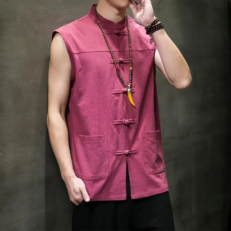 Spring Summer Vintage Linen Stand Collar Sleeveless Tang Suit Vest Chinese Style Blouse for Men Harajuku Cardigan Jacket M-5XL