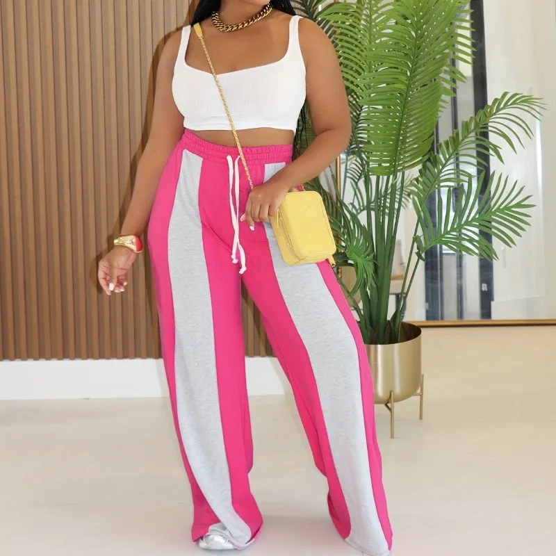 HLJ Autumn New Casual Loose Pants Women Color Block Drawstring Patchwork Straight Pants Fashion Female Streetwear Bottoms 2025