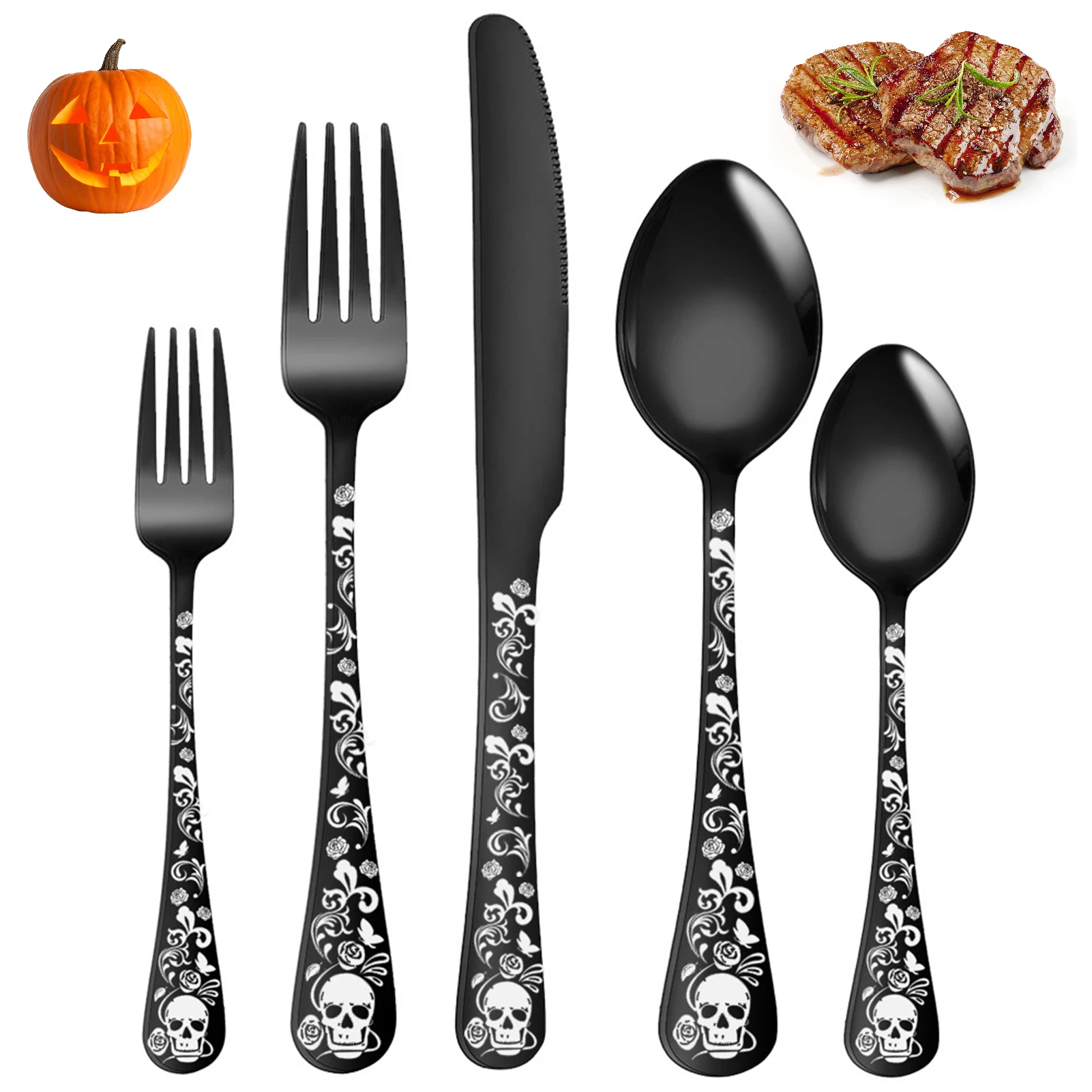 

5Pcs Skull Pattern Matte Tableware Stainless Steel Knife Fork Spoon Teaspoon Dessert Dinner Set Flatware Halloween Decoration