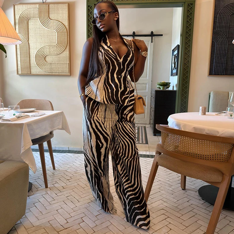 

Elegant New African Fashion Women Summer Two Piece Set Slim Printed Sleeveless Halter Vest And Wid Leg Pants Set