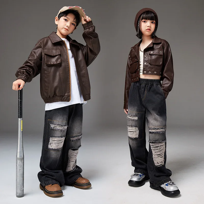 

Boys Hip Hop Cropped Leather Motorcycle Jacket Ripped Jeans Girls Street Dance PU Coat Child Streetwear Kids Jazz Clothes Sets