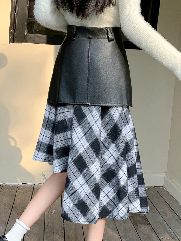 Stylish 2 Piece Stitching PU Plaid Skirts Women Korean Fashion High Waist Irregular Skirt 2024 New Autumn Winter Outfits Skirts