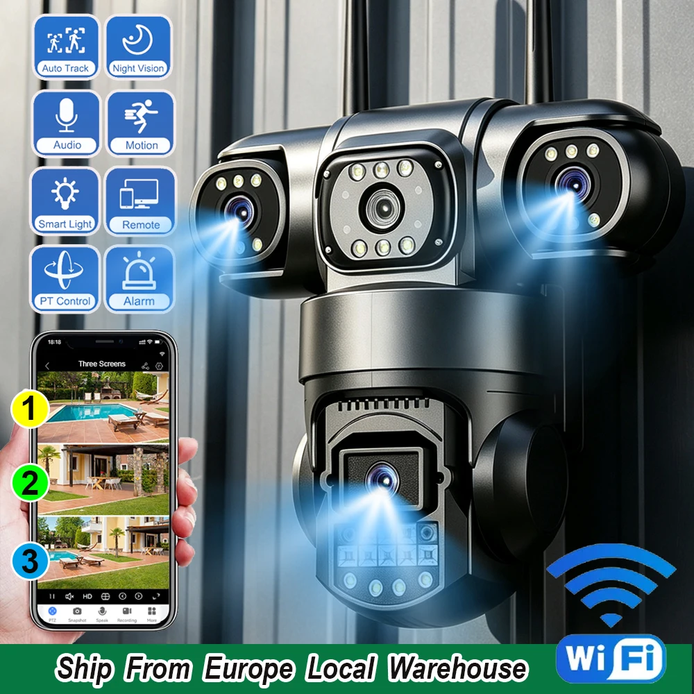 Caméra IP WiFi V380 Pro 12MP 6K à triple objectif, caméra vidéo CCTV extérieure, protection de sécurité, vision nocturne couleur, détection de mouvement, caméras de surveillance pour la sécurité domestique, prise en charge des réseaux sans fil et filaires avec prise EU