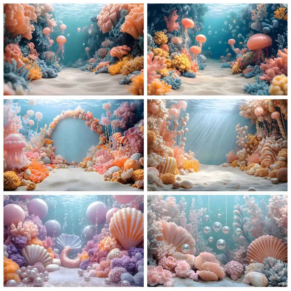 

Ocean Theme Backdrop For Photography Ocean Undersea World Jellyfish Coral Little Mermaid Dolphin Background Decor Photo Studio