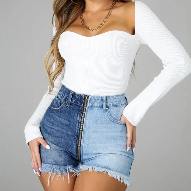 2025 New Spring and Summer Washed Yin-yang Color Casual Denim Shorts. Women's Fashionable Street Zipper High-waisted Short Jeans