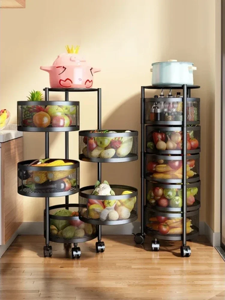 Kitchen Rotating Storage Racks Round Multi-Layer Trolley Vegetable Basket With Wheels Kitchen Bathroom Organizers New