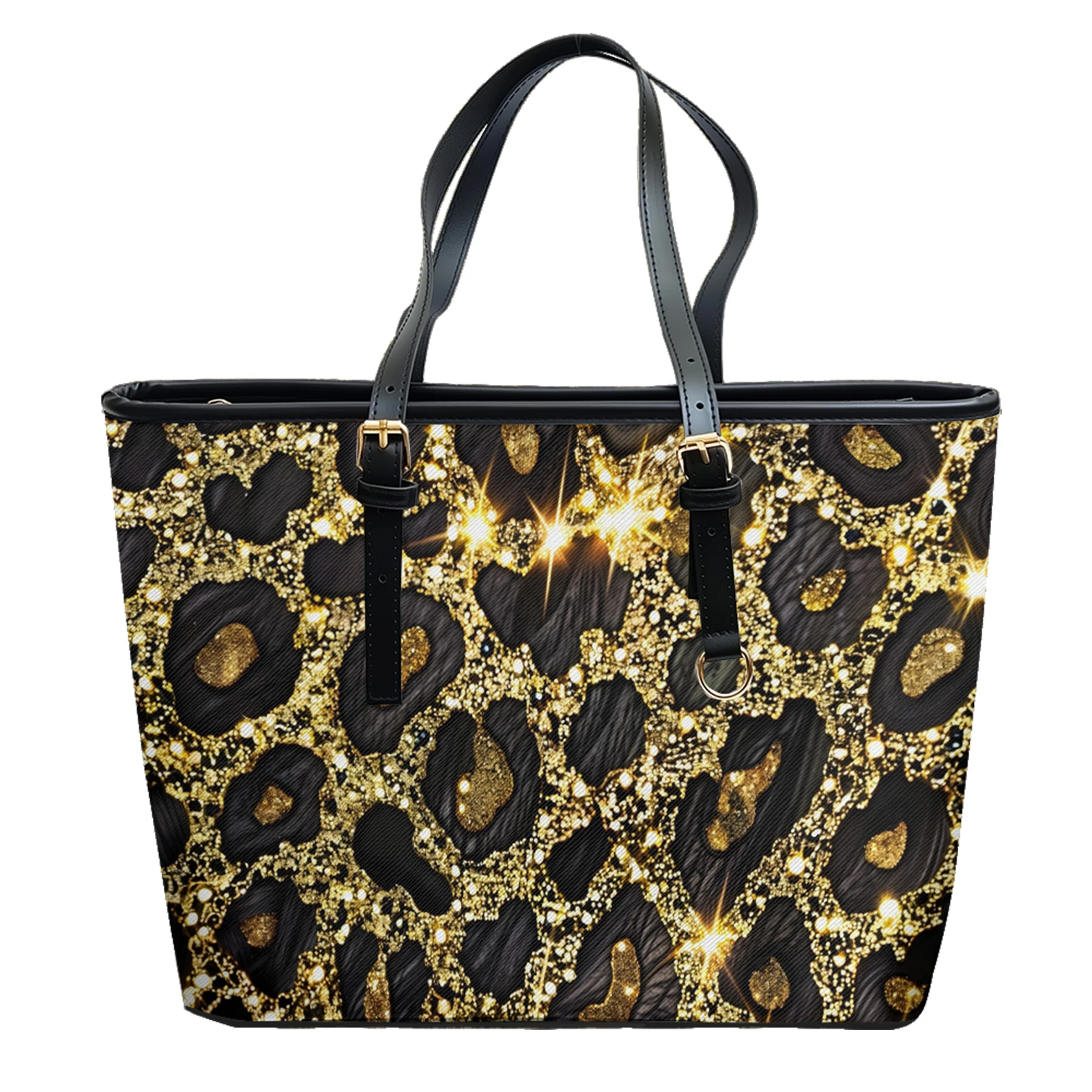 Gold Leopard Printed Oxford PVC Leather Shoulder Bag Zipper Lightweight Travel Tote Daily Convertible Work Weekend Purse