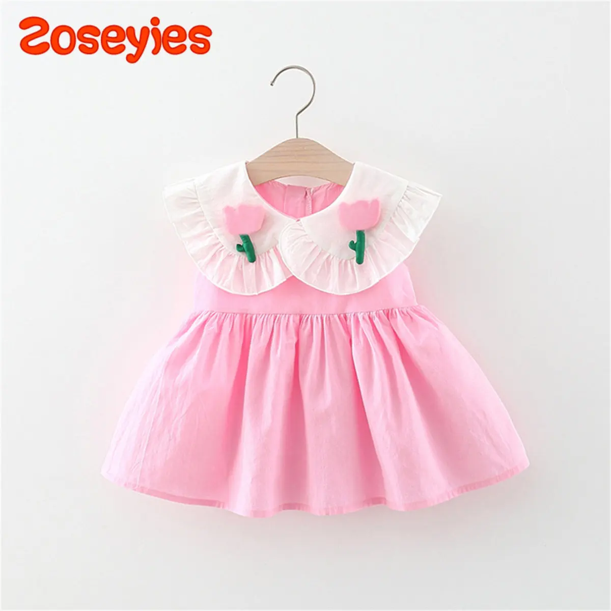 Summer Girls\' Dress New Stereoscopic Flower Wood Ear Edge Doll Collar Contrast Sleeveless Daily Wear