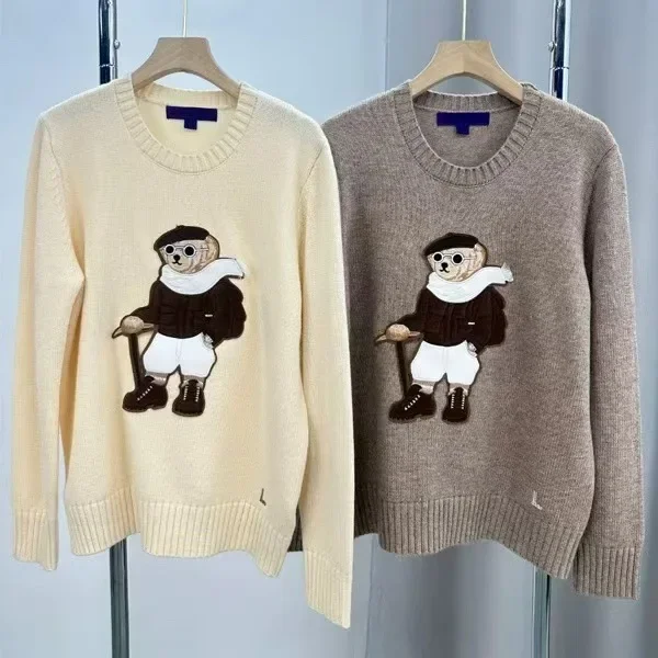 2024 Autumn/Winter Polo Bear Wool Sweater Round Neck Pullover Knit Long Sleeve Loose-Fit British Style Embroidery Sweater