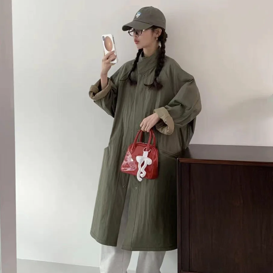 Versatile Double-Sided Wear Casual Long Coat Stand Collar Patchwork Color Loose Fit Female Spring Autumn Season Cotton Windbr...