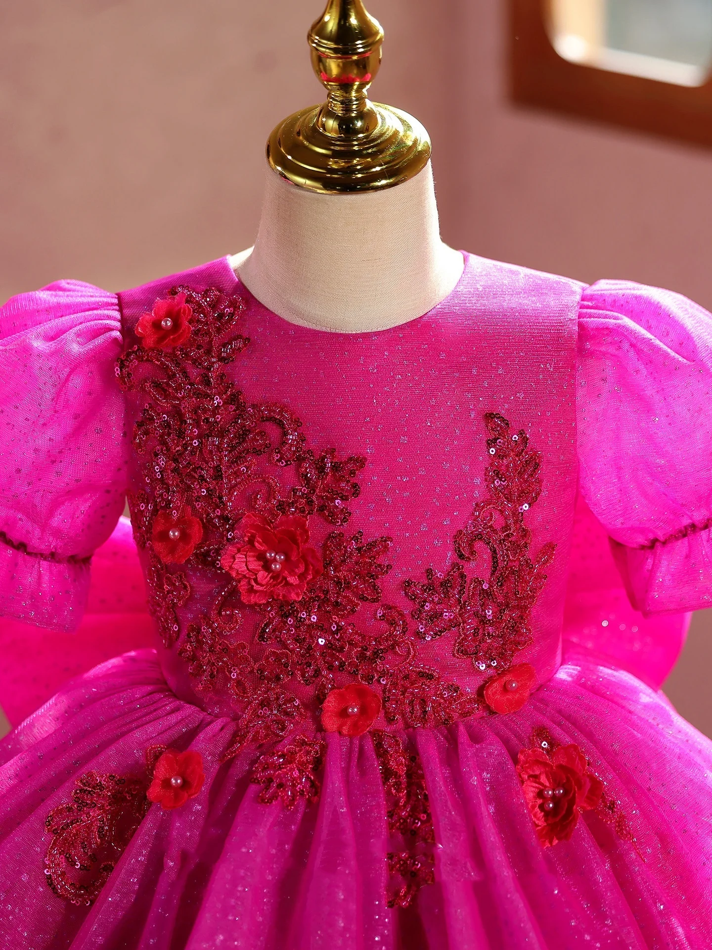 Custom Flower Girl Dress Wedding Gown Birthday Party Pageant Dress Puff Sleeve 3D Floral Embroidered High Low Tulle Ball Gown Fo