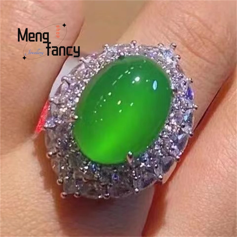 

A Natural Emerald Green Agate Ring With Chalcedony Paired With A Silver-Plated High-Ice White Chalcedony Women's Ring Jewelry