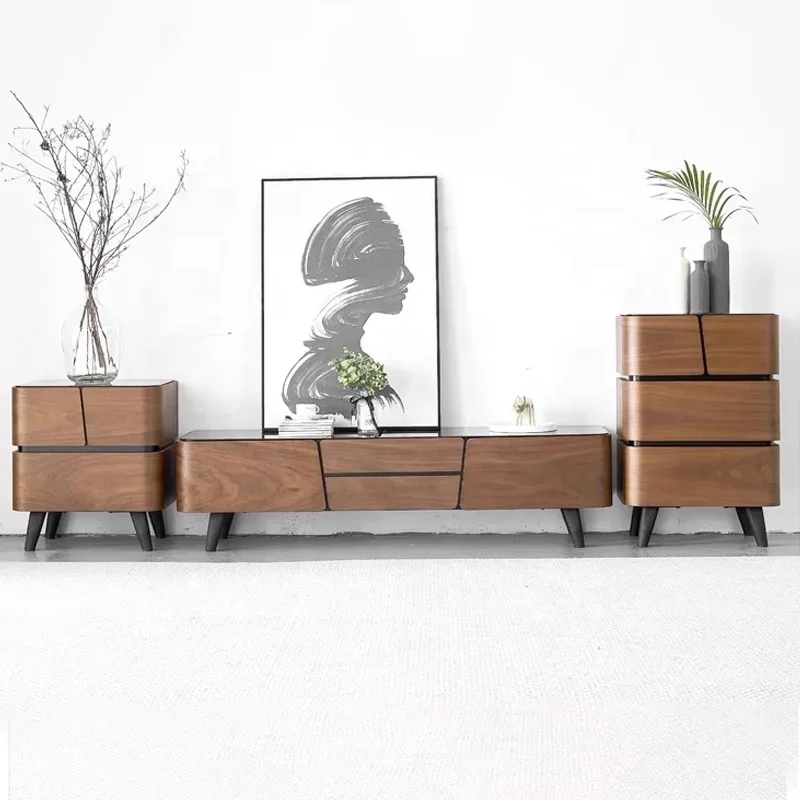 

-Nordic Tempered Glass Tv Cabinet Simple Modern Living Room Walnut Veneer Carbon Steel High Tv Cabinet