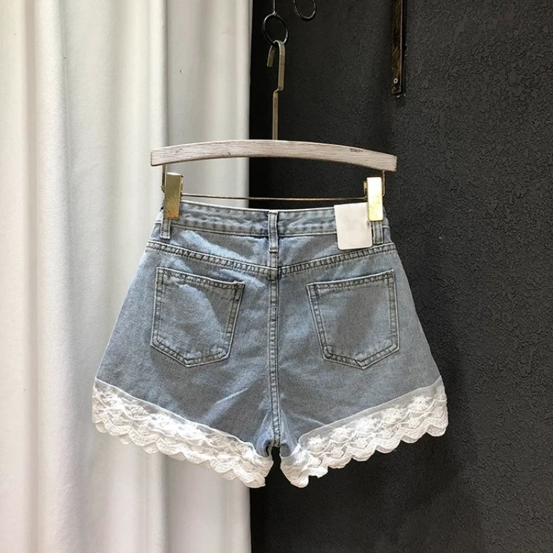 2024 Summer New Korean Shorts Women's Jeans Spliced Lace Fashion A-line Denim Shorts Y2K Streetwear Wide Leg Pants Women