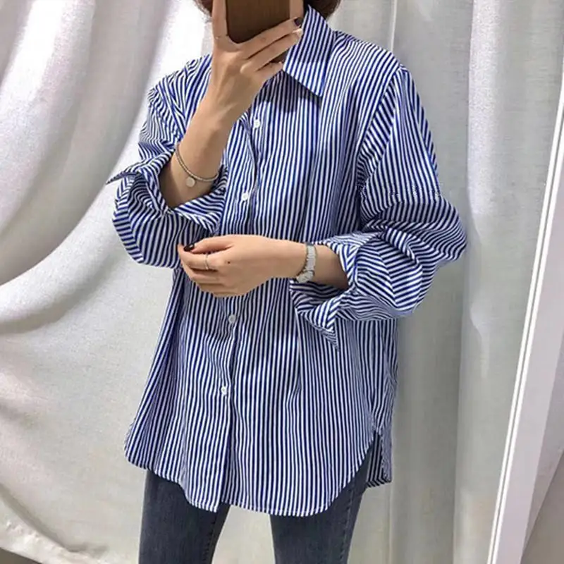 Blue Striped All-match Youth Trend Blouse Women Clothing Spring Autumn New Long Sleeve Polo Neck Vintage Shirt Tops Casual Trend