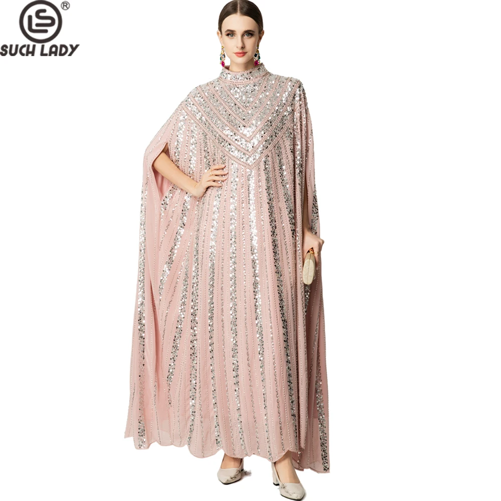 Women's Sequined Cape Maxi Dress, Elegant High Neck Gown with Geometric Beaded Pattern & Flowy Silhouette for Evening Party Robe