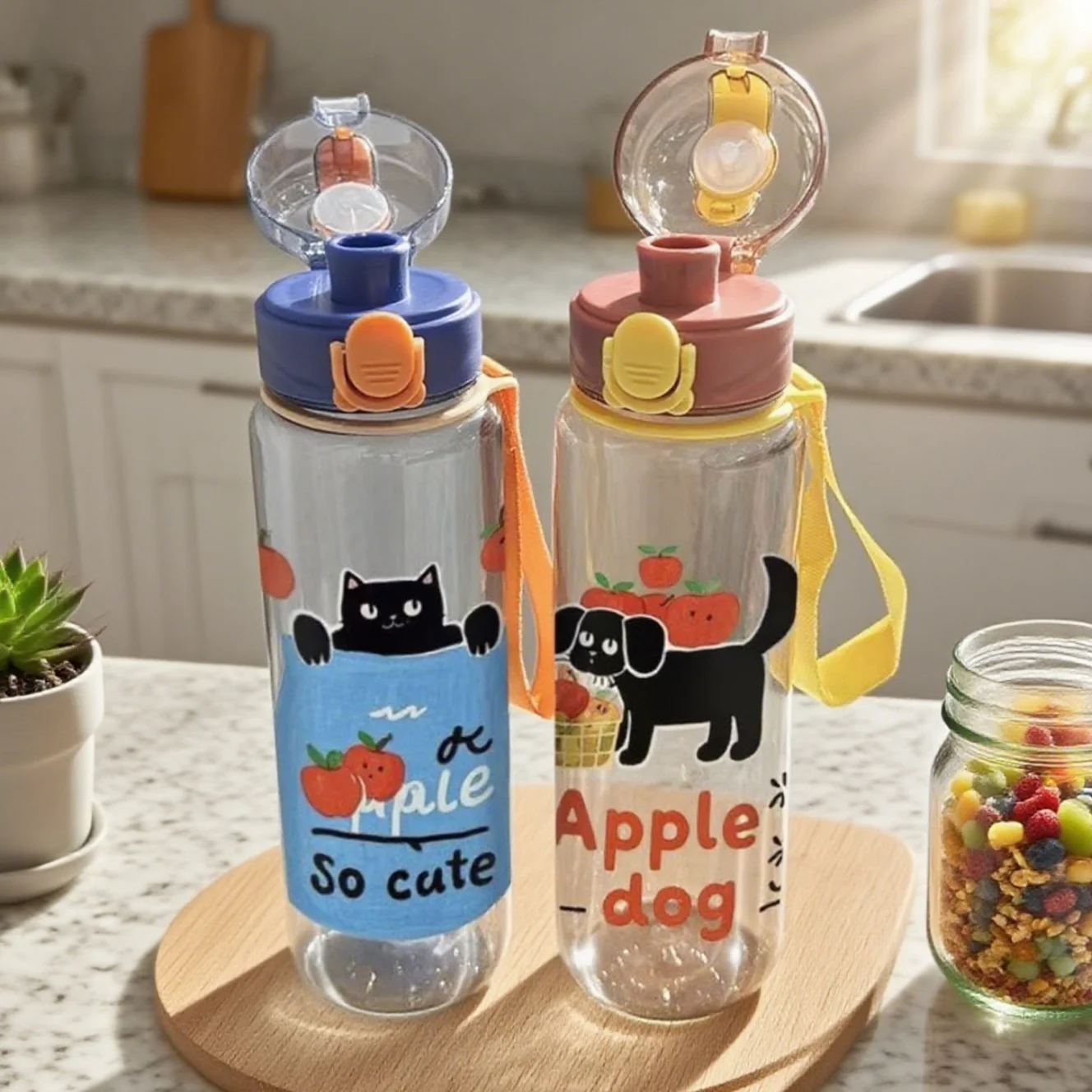 3D Printed 700ml Leak-Proof Water Bottle Cute Dog Cat Print Water Bottle Straw Cup Students Water Bottle Portable for Sports