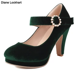 Women Velvet Mary Jane Shoes Block Heels Green Velour Thick Bottom Pumps Ladies Party Bride High Heel Luxury Femme Chaussure 44