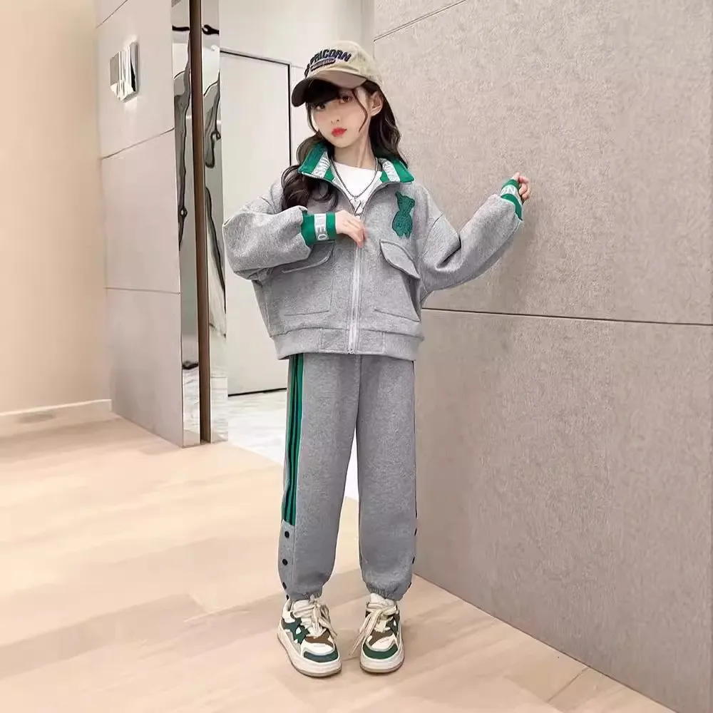 2026 Girls Cotton Patchwork Full Zip Sweatshirt Jackets+Sweatpant Workout Sets School Kids Tracksuit Children Jogging Outfits