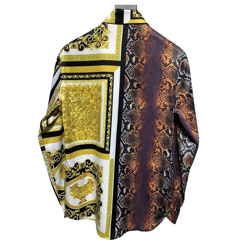 Luxury Royal Palace Baroque Printed Color Contrasting Leopard Pattern Shirt Men\'s Casual Long Sleeve Shirt 2024 Silk Smooth