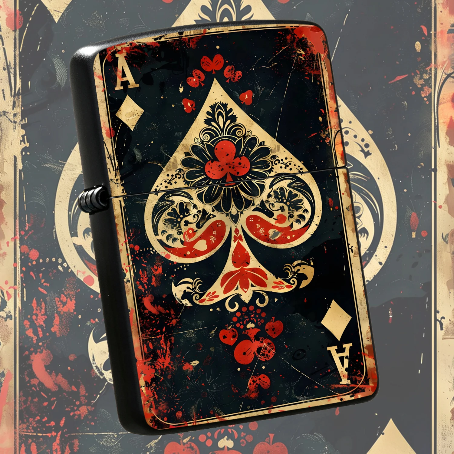 Vintage Collectible Playing Cards - ไฟแช็กลายไพ่เอซของโพดำสไตล์วินเทจ ดีไซน์เก่าแก่ พกพาสะดวก ทนทานต่อรอยขีดข่วน ผิวสัมผัสมีลวดลาย เหมาะสำหรับใช้งานในชีวิตประจำวัน