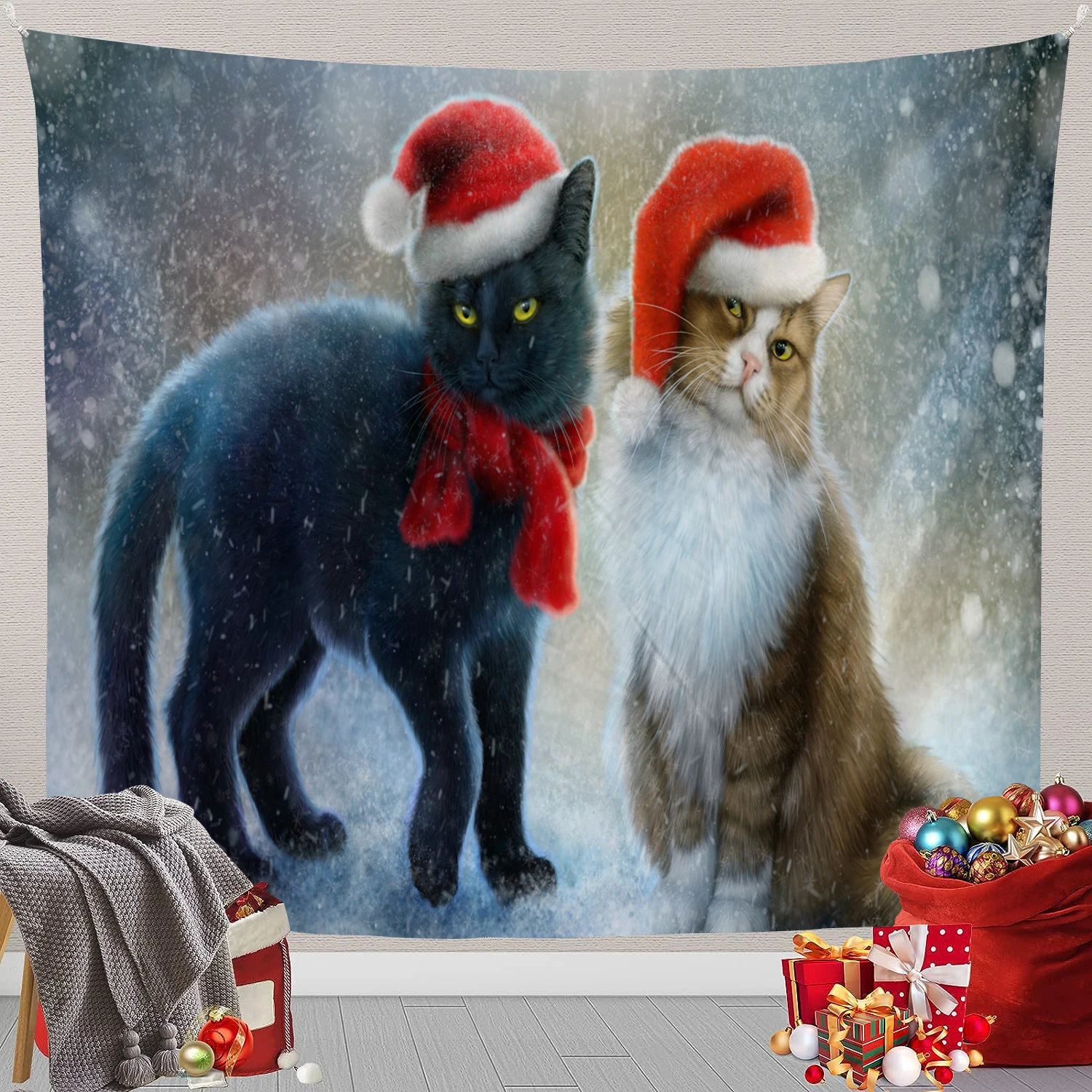 Christmas Cat Tapestry Wall Art Mural Decoration Photo Background Blanket Curtains Family Bedroom Living Room Decoration