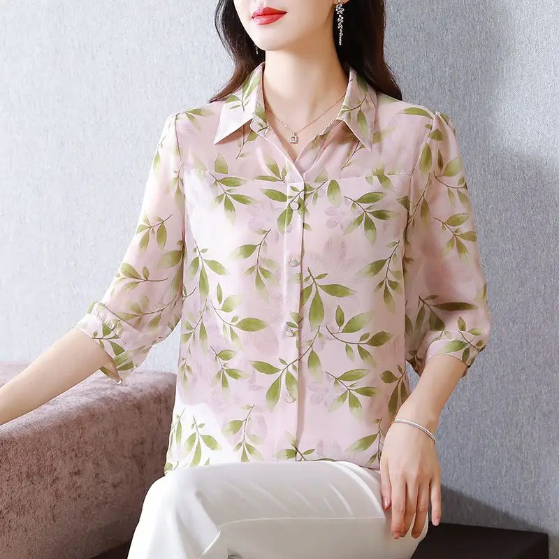 2024 New Summer Office Lady Loose Casual Retro Chinese Style Women's Shirt Button Print Chiffon V Neck 3/4 Sleeve Y2K Chic Tops